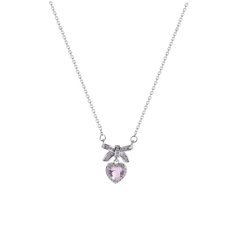Crystal Heart Bow Tie Pendant Necklace  Women