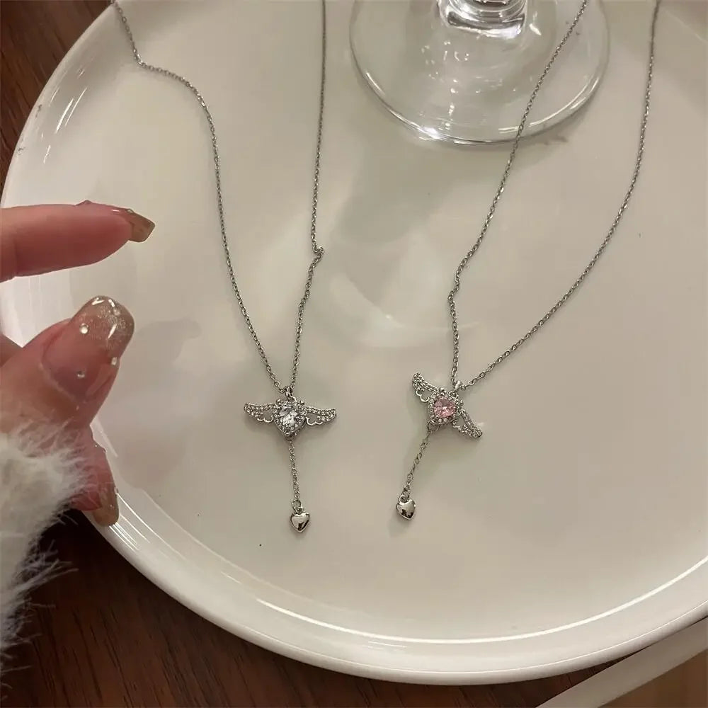 Crystal Angel Wings Heart Pendant Necklaces