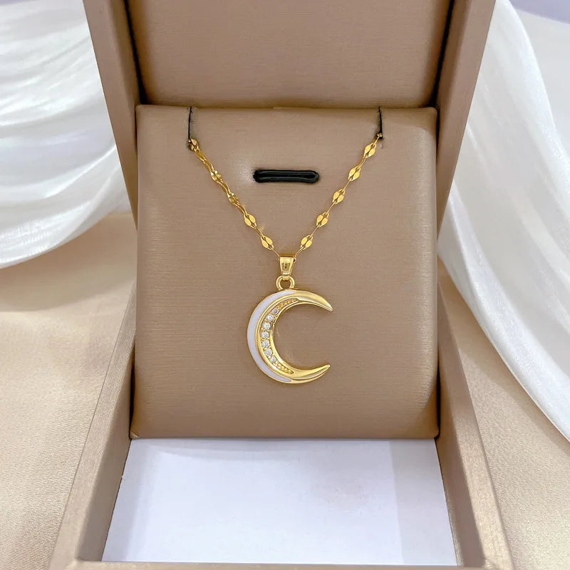 Stainless Steel Crescent Moon Star Necklace