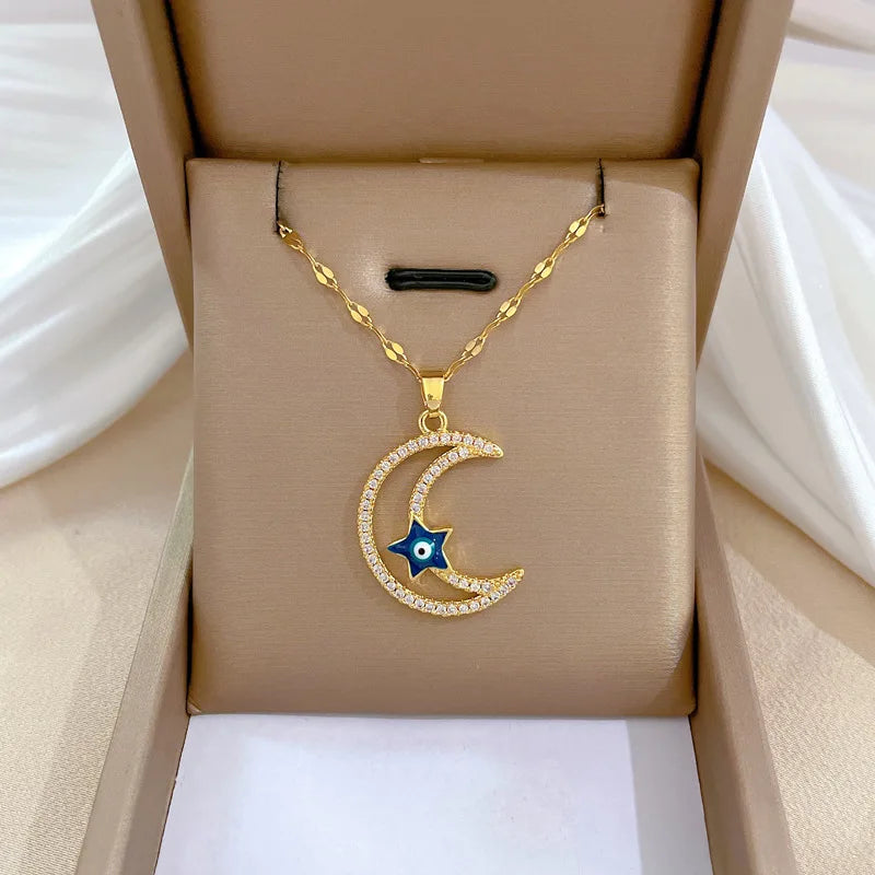 Stainless Steel Crescent Moon Star Necklace