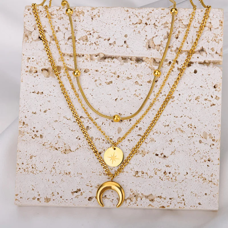 Crescent Moon Multilayer Chain Necklace For Women
