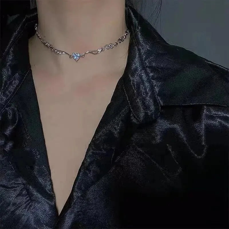 Goth Heart Crystal Wave Wing  Necklace for Women