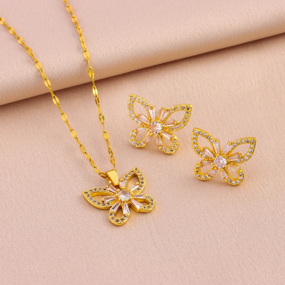 Crystal Butterfly Necklace Earrings For Women