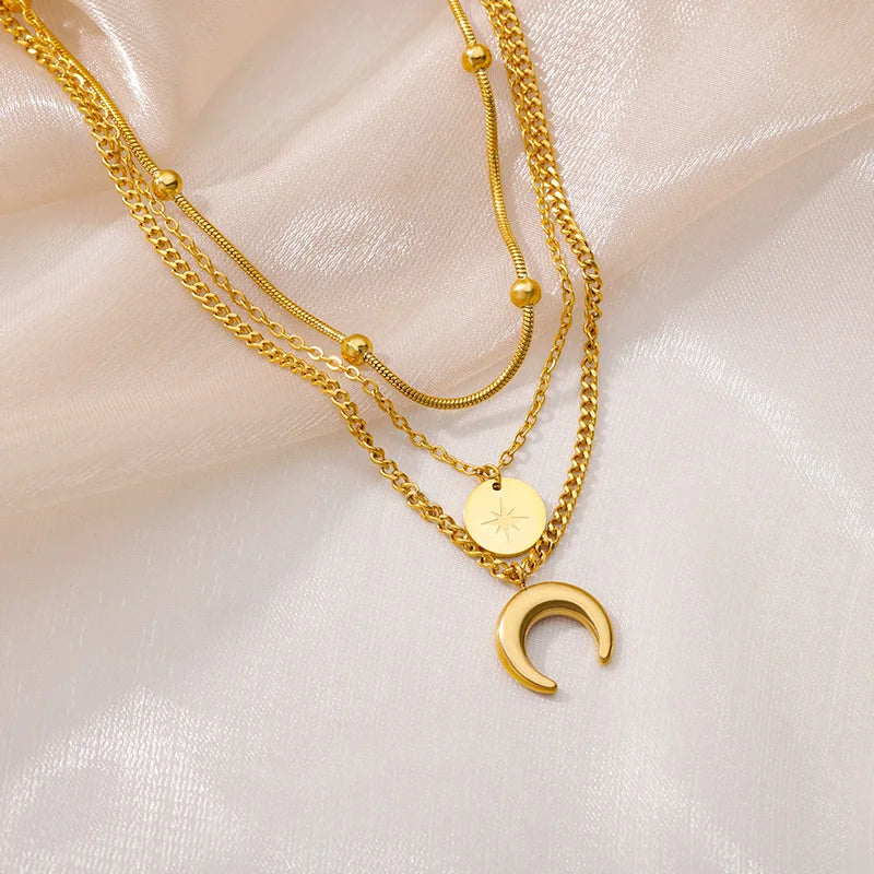 Crescent Moon Multilayer Chain Necklace For Women